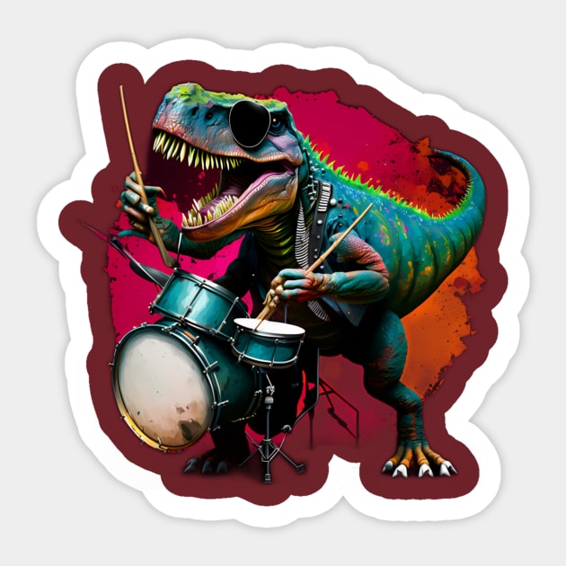 T-Rex Playing Drum Set Sticker by Urban Gypsy Designs